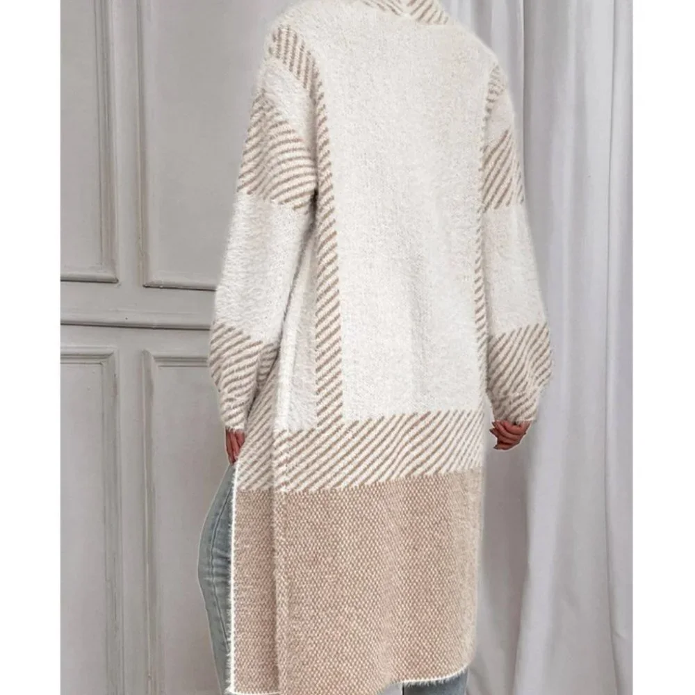 Soft Comfy oversized Tan Striped Pattern Fuzzy Duster Knit Sweater Cardigan - Picture 3 of 6